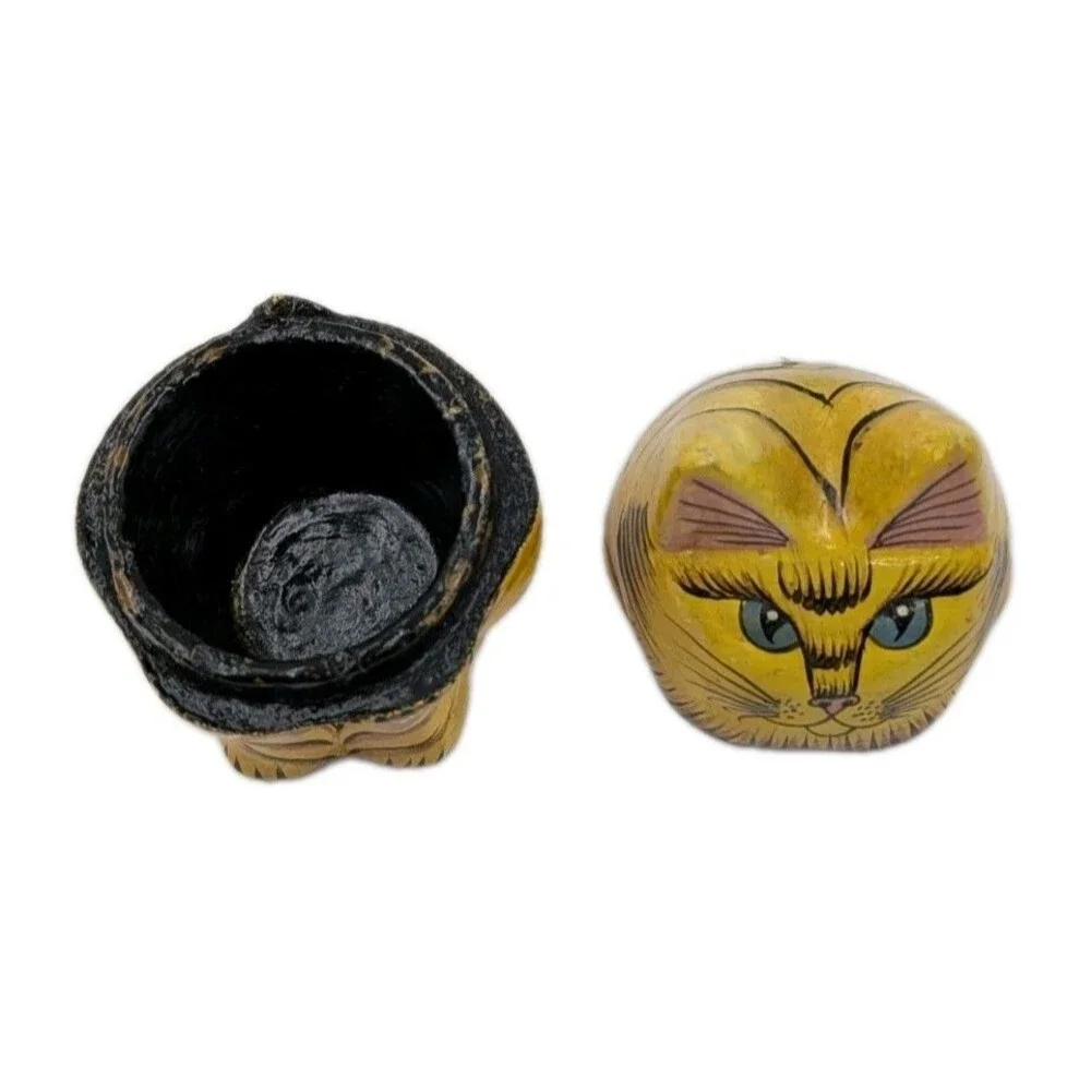 Vintage Kashmiri Papier Mache Cat Trinket Box Hand Painted Orange Tabby India